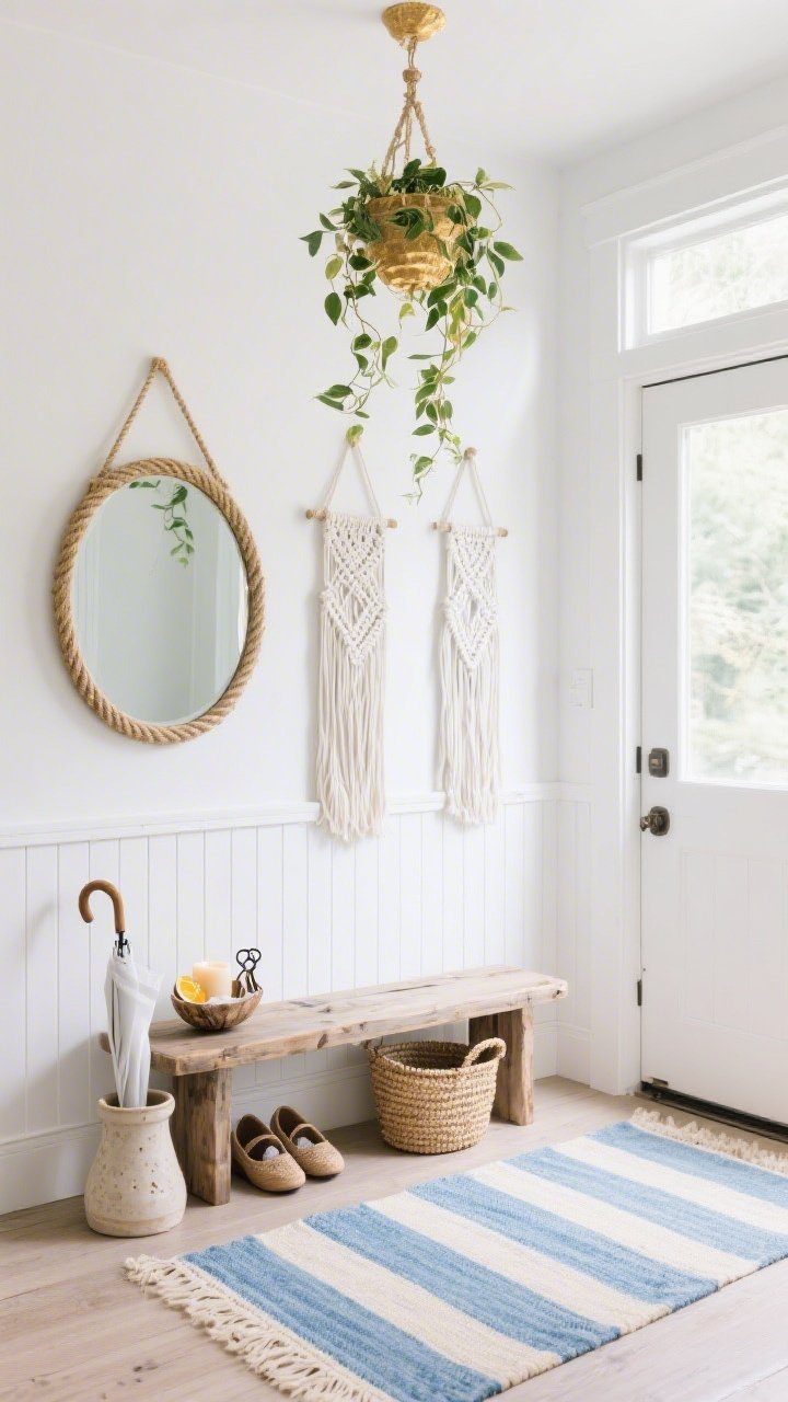 Wide entryway shot, bright white walls with beadboard accent; blue-and-cream runner along the floor; slim reclaimed wood console beneath a round rope-wrapped mirror; two white macrame hangers with delicate fringe, one longer than the other, suspended from the ceiling holding ivy and golden pothos cascading slightly as if stirred by a door breeze; woven basket for shoes, ceramic umbrella stand; small driftwood bowl with keys and a sea salt and citrus candle; airy coastal mood, soft natural daylight, photorealistic.
