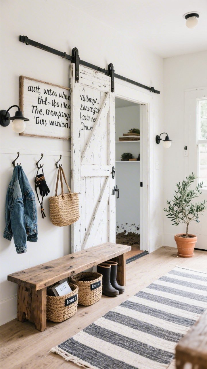 Wide entryway shot, modern farmhouse style: a sliding reclaimed barn door finished in weathered white with bold black hand-lettered Scripture across the panels as the main art. The door partially open to reveal a tidy mud nook. Below, a chunky wood boot bench with woven labeled baskets (gloves, leashes, mail) neatly tucked in. Wall hooks with denim jackets and a straw market tote, a striped runner on the floor, black sconce lighting for a crisp, intentional look. Include a small terracotta potted olive tree. Soft natural light with sconce accents, inviting and functional.