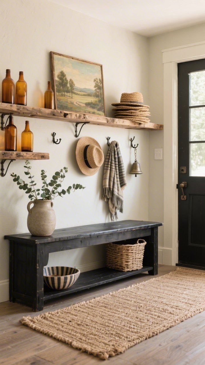 Wide entryway shot, slightly off-center: reclaimed wood shelves above a black console and basket bench against a soft putty-painted wall; shelves styled with amber glass bottles catching warm light, a vintage landscape painting, a stack of woven hats, and a stoneware jug; iron hooks nearby holding scarves; eucalyptus stems in a striped catch-all bowl on the console; jute runner grounding the space; a small bell chime by the door; palette of putty, reclaimed wood, black, cream; rustic farmhouse warmth, photorealistic.