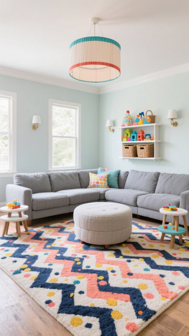 Wide family room scene designed for play and comfort; modular gray performance sectional with washable slipcovers, round upholstered ottoman at center, low kid-friendly shelving with basket storage; stain-resistant low-pile performance rug with a mid-scale pattern of confetti dots/broken chevrons in midnight blue, coral, and goldenrod anchoring the space; nesting side tables, wall-mounted sconces, a playful drum ceiling shade with colored trim echoing rug hues; bright, cheerful, easy-clean vibe, photorealistic.