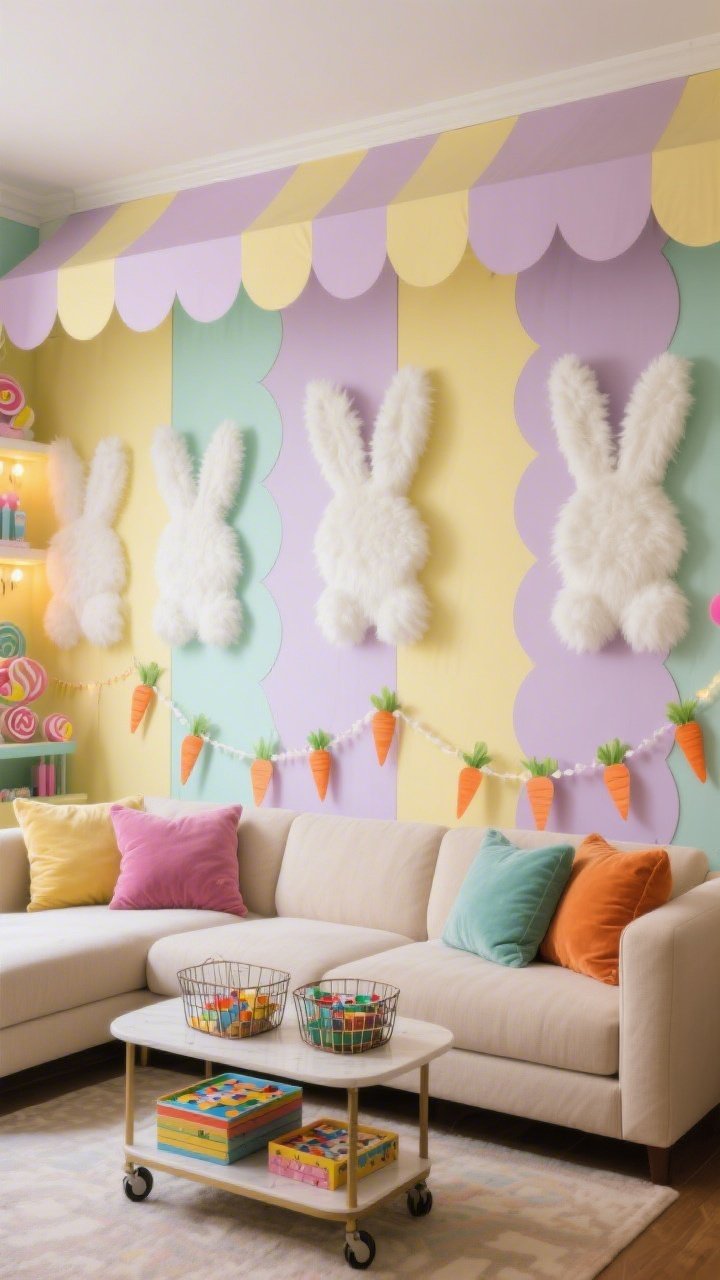 Wide family room wall shot from a slightly angled perspective: a full feature wall of scalloped soft pastel panels in lemon, mint, and lilac like a candy-shop awning. Multiple large bunny silhouettes at varying heights, each with extra-fluffy white faux-fur cotton tails creating dimensional shadows. In front, a modular oatmeal sofa with colorful velvet pillows; a low rolling coffee table holding board games in wire baskets. A playful paper carrot garland draped along the wall. Even, festive lighting suited for party photos, bright and lively, photorealistic.
