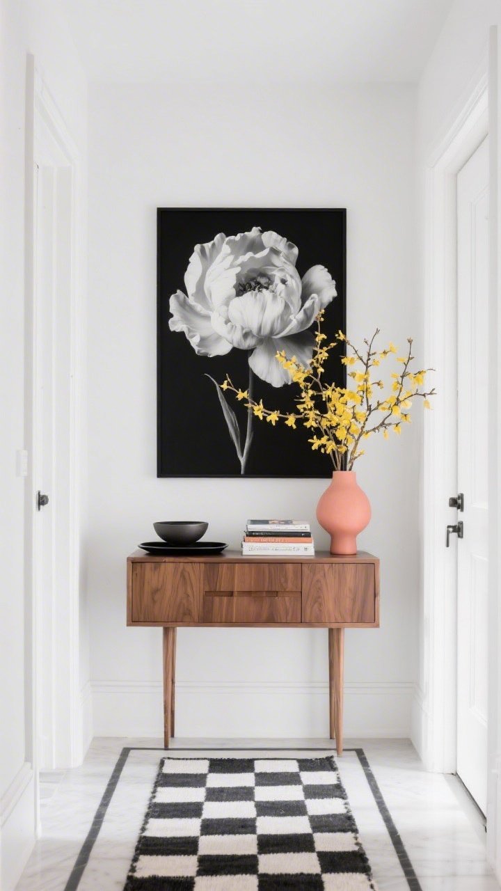 Wide, gallery-like, straight-on shot of a minimal monochrome entry: bright white walls, trim, and door; narrow oak console with squared edges and a single drawer. Above, an oversized black-and-white floral print as the dramatic focal point. Styling includes a matte black tray, a few stacked art books, and a sculptural ceramic bowl. A tall single-vase arrangement of forsythia or cherry blossoms provides the only color pop (choose butter yellow or soft coral). On the floor, a checkerboard runner or a thin black-border rug to sharpen lines. High-contrast, crisp lighting; restrained, graphic mood.