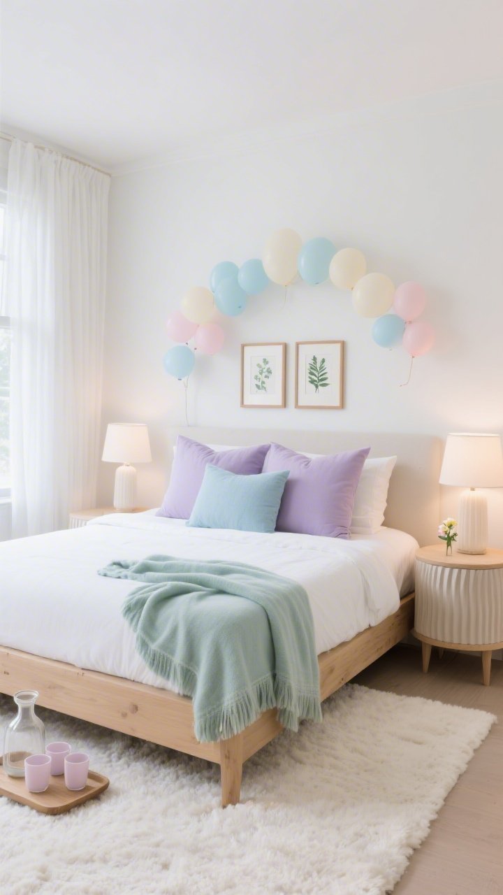 Wide guest bedroom with boutique hotel feel: smooth white wall with a pastel balloon arch acting as a playful headboard accent; light oak platform bed dressed in crisp white percale; layered pillows in lavender and baby blue; mint throw folded at the foot; fluted nightstands with alabaster lamps casting a warm glow; petite botanical prints in slim wood frames above; sheer white curtains filtering daylight; plush ivory rug grounding the room; a small carafe tray with pastel tumblers and a single tiny bloom on the nightstand; photorealistic, calm and polished.