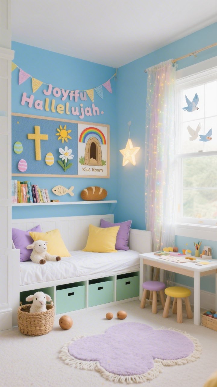 Wide kids’ room shot, “Joyful Hallelujah Kids’ Room”: Playful, bright space with a sky-blue accent wall and pastel rainbow bunting spelling “Hallelujah.” White daybed layered with butter-yellow and lilac pillows, mint storage cubbies, and a tiny craft table with stools. Above a low bookshelf, a felt board with kid-friendly Easter symbols: a cross, lily, sun, fish, loaf. Woven baskets under the bed holding plush lambs and wooden eggs. Palette of sky, butter, lilac, mint, white. Decor includes storybook art of the empty tomb, window decals of doves, and a star-shaped night light. Soft cloud-shaped rug on the floor, and a lightweight fringe curtain shimmering in daylight. Photorealistic, joyful, no people.