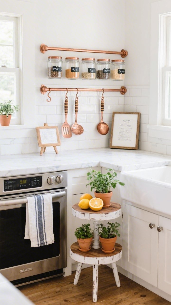Wide kitchen scene with modern farmhouse warmth, straight-on: over the sink, a row of clear glass canisters with black clip labels and lids spray-painted copper, showing pantry staples. On the backsplash, a faux-copper rail (tension rod painted copper) with S-hooks holding utensils upgraded with wood-toned handle wraps. Two hanging glass spice jars with labeled lids add symmetry. A two-tier stand at center holds citrus and whitewashed mini terra-cotta pots with herbs; striped tea towels drape over the oven handle; a framed recipe on a small easel. Palette soft white, warm wood, black, copper; textures brushed metal, clear glass, butcher-block, enamel; bright natural daylight.
