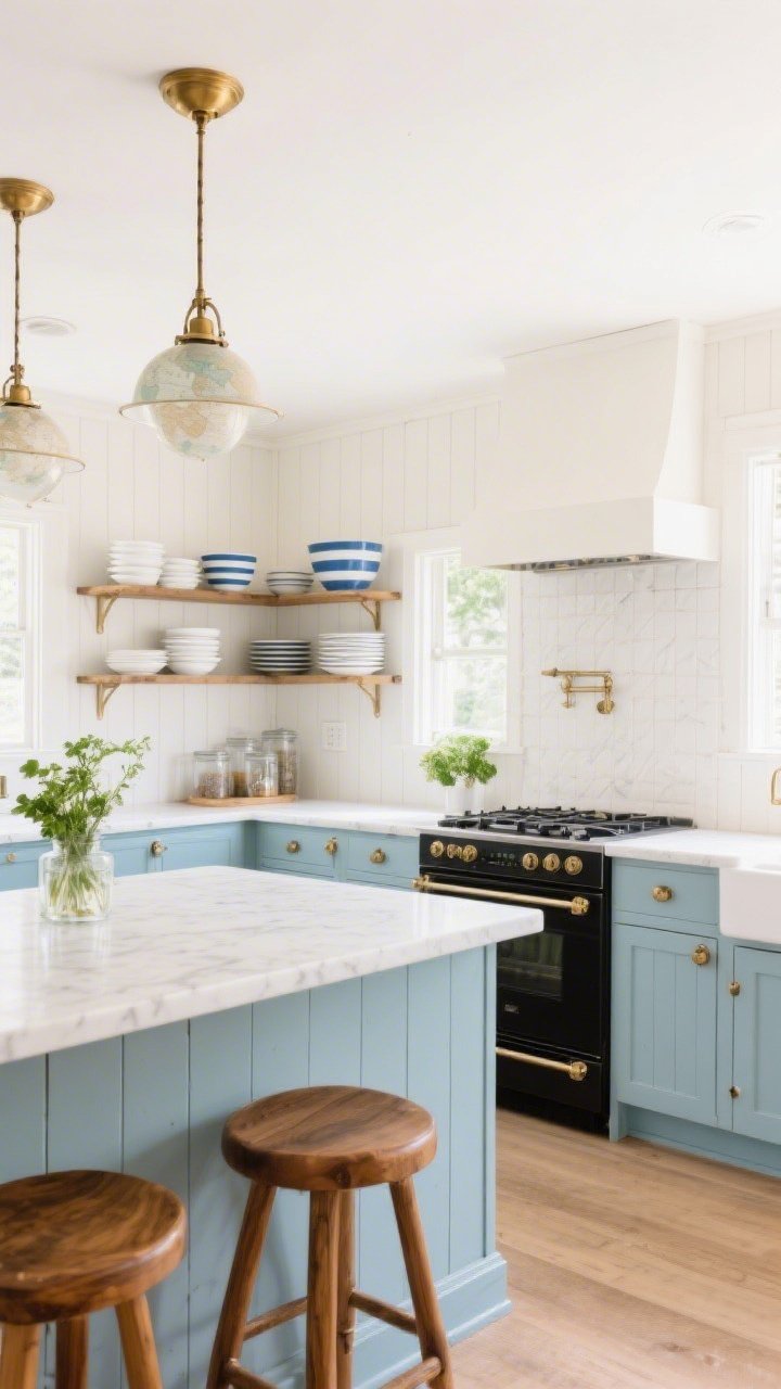 Wide kitchen shot: A fresh cottage kitchen featuring lower cabinets in light powder blue with brushed brass hardware, warm white walls, white quartz countertops, and a white tongue-and-groove backsplash; schoolhouse/globe pendants over a small island, warm wood stools, open shelves styled with stacked white dishes, a few blue-striped bowls, clear glass canisters, and fresh herbs; accents of brass, soft cream, and touches of matte black for balance; bright, breezy, cook-friendly ambiance, straight-on perspective.