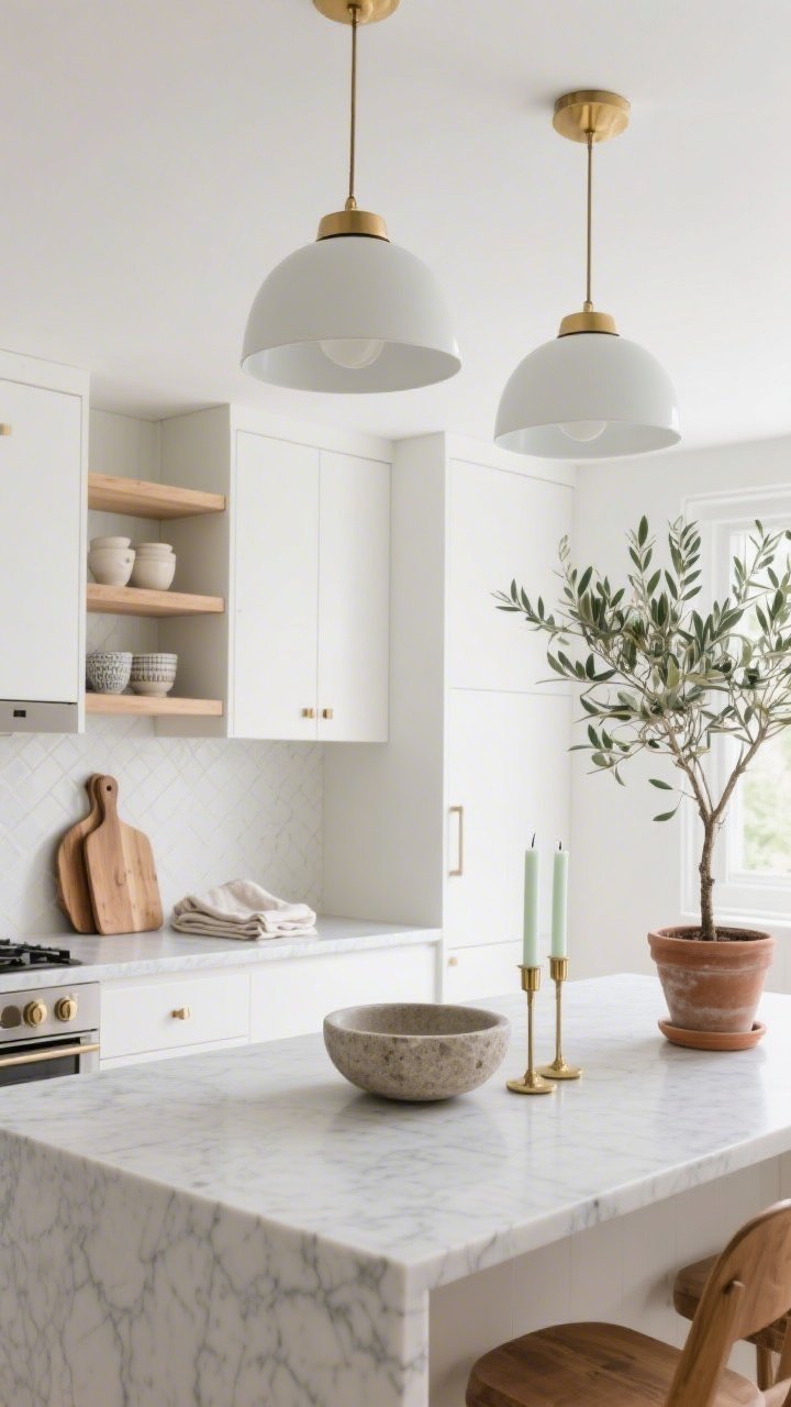 Wide kitchen shot, clean straight-on composition of a Scandinavian minimal space: matte white cabinets, pale oak open shelves styled with ceramic and linen, thick quartz countertop, and an olive tree in a clay pot. On the island, a shallow stone bowl paired with two slim gold candlesticks with white (or sage) tapers for a restrained Nordic accent. Dome pendant lights in soft white enamel with brass detail overhead. Brushed brass hardware, wood cutting boards leaned against the backsplash, folded linen tea towels. Soft morning natural light to evoke cozy Sunday calm.