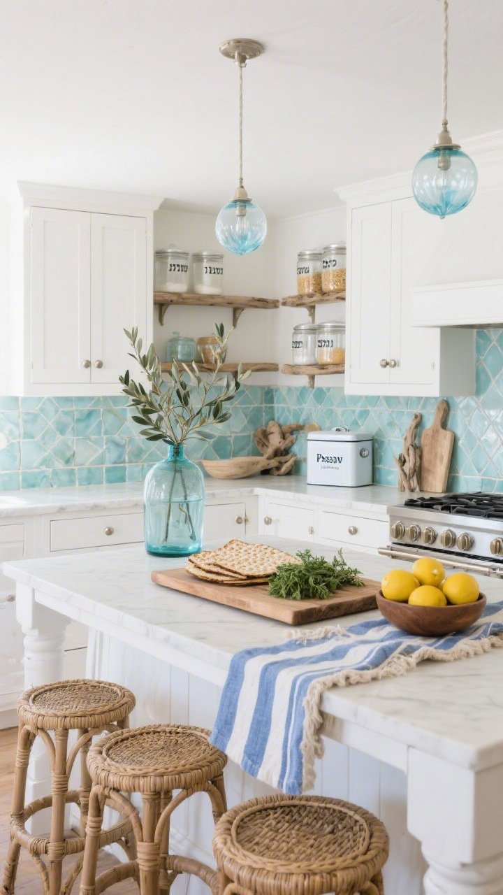 Wide kitchen shot, Coastal Light Kitchen: bright Mediterranean-inspired space with soft white painted cabinets and brushed nickel hardware; handmade pale aqua zellige tile backsplash; open shelves holding clear canisters labeled for Passover staples and an enamel-white matzah tin; island with woven stools with natural seats and a large wooden board for serving flatbreads and herbs; decor includes a tall glass vase with olive branches and a bowl of lemons; blue-striped tea towels and nubby cotton runners; clear globe pendants casting a subtle crystal-blue sheen; palette of sea glass, chalky whites, and driftwood, photorealistic.