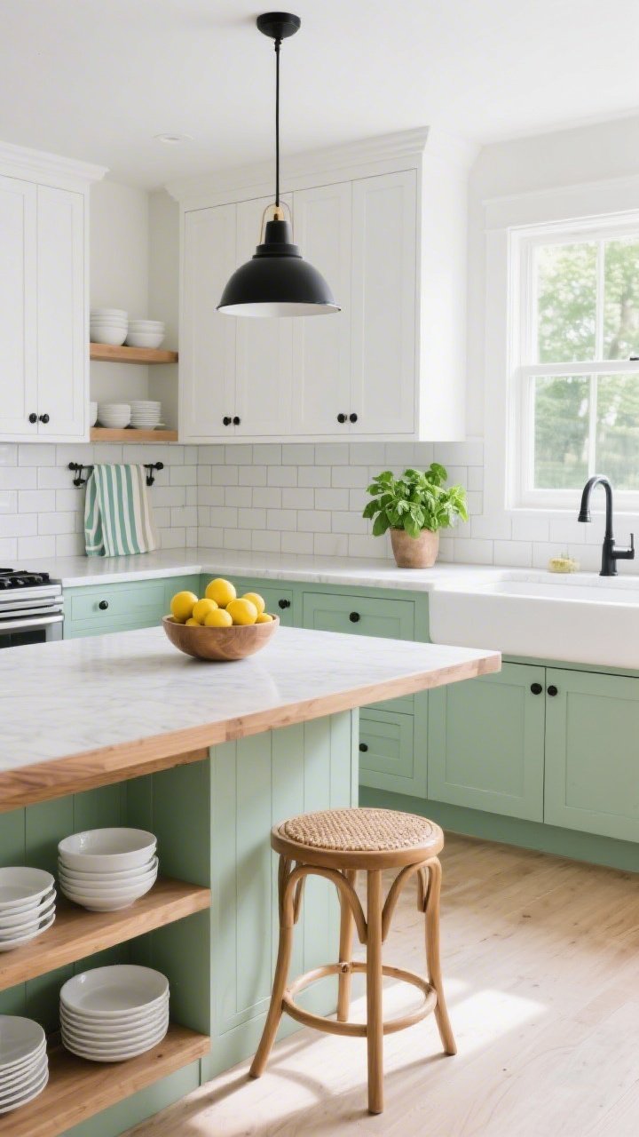 Wide kitchen shot, slightly elevated angle: Mint-green lower cabinets (or walls) paired with white upper cabinets and a white subway tile backsplash. Matte black hardware on cabinets and a slender black pendant over the sink. Countertops in light quartz (or butcher block) with a bowl of bright lemons and a potted basil by a sunlit window. Slim island with bentwood stools with woven seats tucked beneath. Floating oak open shelves stacked with white dishes. Striped tea towels in mint and ivory. Fresh, spring-morning brightness, photorealistic.