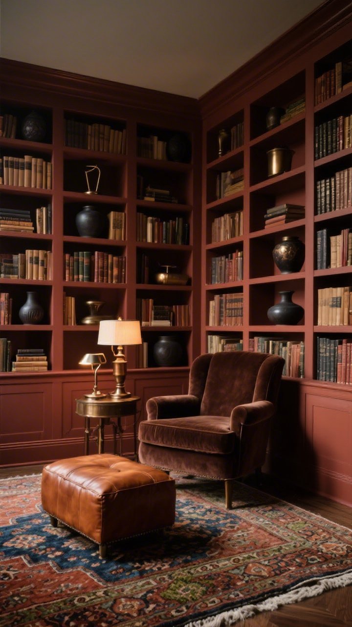 Wide library den, moody: floor-to-ceiling bookshelves painted rust filled with linen-bound books, dark ceramics, and subtle bronzed accents; chocolate velvet club chair and low cognac leather ottoman creating a reading spot; vintage Persian rug weaving rust, indigo, and moss; banker’s lamp in oil-rubbed bronze on a side table; layered lighting with a shaded floor lamp and task lamp for intimate readability; textures velvet, leather, wool rug, bronze; corner perspective, low, enveloping light.