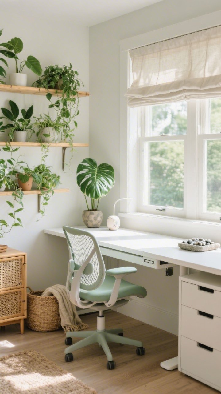 Wide, light-filled corner angle: A biophilic retreat with a white sit-stand desk positioned beside a large sunlit window, paired with a mesh-back ergonomic chair in soft sage. Planter shelves surround the workspace, holding trailing pothos, rubber plants, and a sculptural monstera. A bamboo file cabinet sits nearby, with a woven seagrass basket for throws on the floor and a linen Roman shade softening natural light. Include a stone diffuser and pebble tray on the desk. Clean white, sage, and natural fiber tans, bright daylight and gentle shadows. Photorealistic.