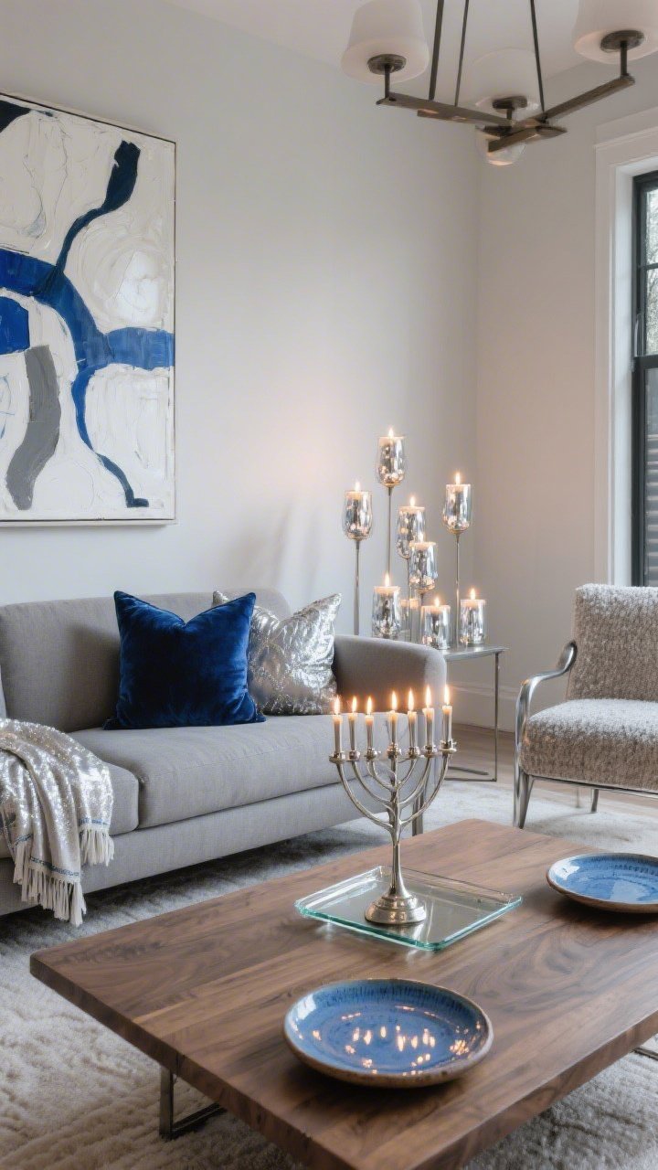 Wide living room: Neutral base with a stone-gray sofa and ash wood coffee table, styled for Hanukkah with sapphire velvet pillows, silver-threaded throws, and a glass tray holding a sleek modern menorah; a large-scale abstract artwork in white, blue, and graphite on the wall; a cluster of mercury-glass votives for extra glow; a brushed steel side chair with a boucle cushion; hand-thrown ceramic plates with subtle blue glaze on the table; evening lighting where candle flames reflect off metal accents, festive yet refined, photorealistic.
