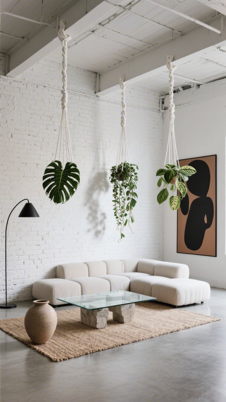 Wide loft shot, straight-on, minimal art space with whitewashed brick walls and polished concrete floors; sparse sculptural furniture: low-profile modular sofa in stone, glass coffee table, oversized abstract print in black and umber; from high ceiling beams, three extra-long crisp white macrame plant hangers at varied heights over the seating area holding monstera adansonii, trailing hoya, and a variegated philodendron; dramatic plant shadows forming living artwork on walls; black arc floor lamp, sisal area rug, one oversized ceramic vessel; gallery-like clarity, photorealistic.
