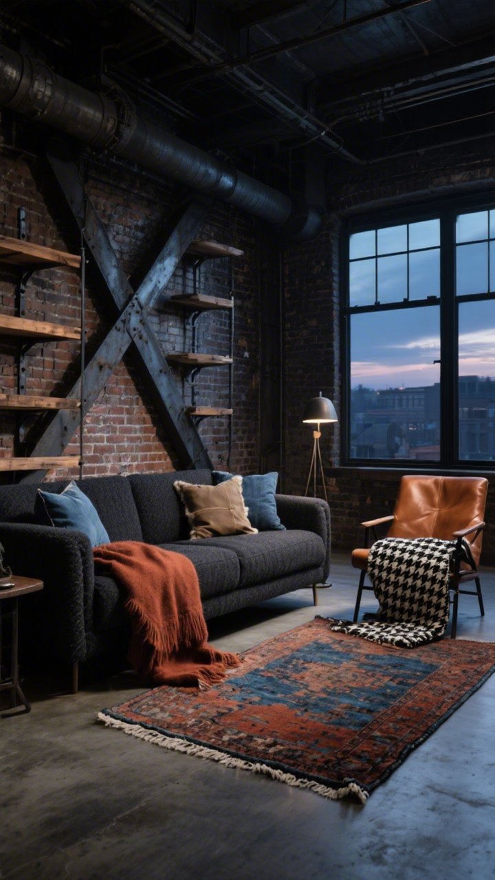 Wide loft shot, Urban Industrial at twilight: concrete floors, exposed brick wall, steel beams; thick charcoal rug with whipstitched edge layered with a smaller distressed vintage rug in rust and indigo; charcoal tweed sofa and cognac leather chair anchoring the zone; pillows in denim, waxed canvas, and faux shearling; hefty rust wool throw and a black-and-white houndstooth throw adding pattern; factory-style floor lamp, reclaimed wood shelves, iron hardware; palette of charcoal, cognac, rust, indigo, black; gritty yet plush, cozy after-hours vibe; photorealistic, no people.