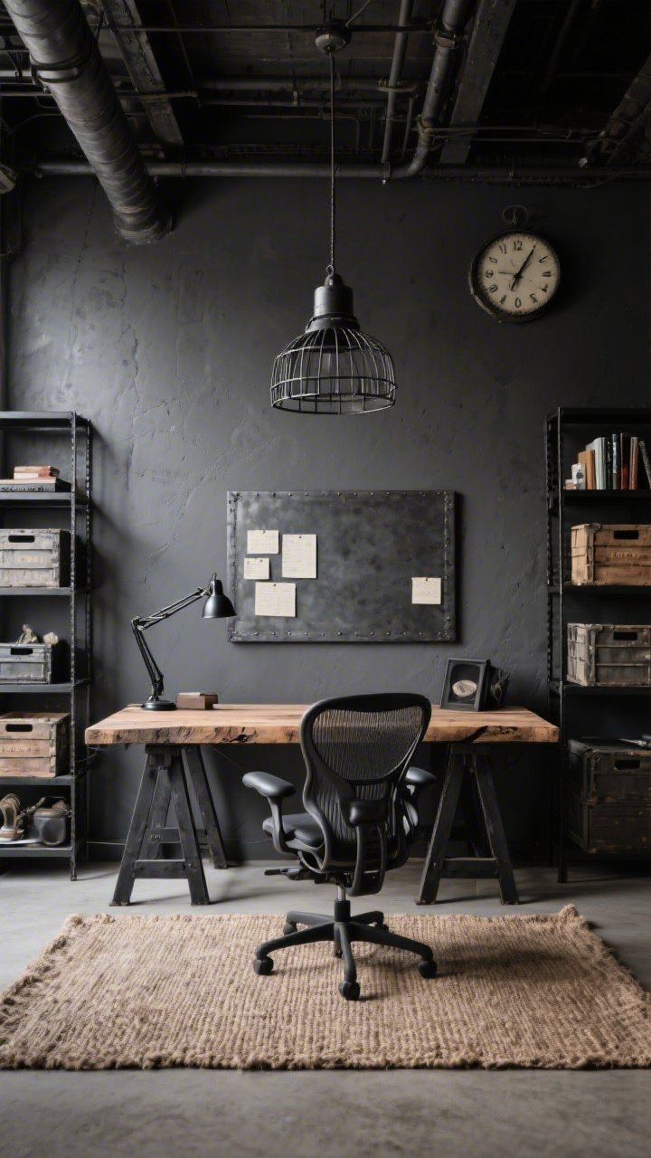 Wide loft view, slightly low angle: An industrial workspace with a reclaimed wood slab desk on black steel trestle legs set against a charcoal wall. A magnetic metal memo board hangs behind the desk, and a high-back mesh task chair faces the workstation. Open black metal shelving displays books, storage crates, and industrial curios. A jute rug grounds the area, a caged pendant light hangs overhead, and a vintage-style factory clock sits on the wall. Color palette of charcoal, black, and weathered wood with moody, directional lighting. Include a matte black jointed-arm desk lamp. Photorealistic.