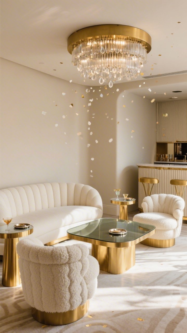 Wide lounge shot from a low corner angle: Curated Curves Lounge In Cream And Gold with a curved cream loveseat and two scalloped accent chairs arranged around a low smoked-glass coffee table; mushroom beige walls softening the light; gold-trimmed nesting tables beside seating, a ribbed bar cabinet with subtle brass inlay at the back; coasters edged in metallic on the table; overhead, a statement flush-mount with glass drops on a gold base scattering confetti-like light; textures of bouclé, ribbing, and glass; sunlit gold accents, cozy cocktail-lounge vibe.