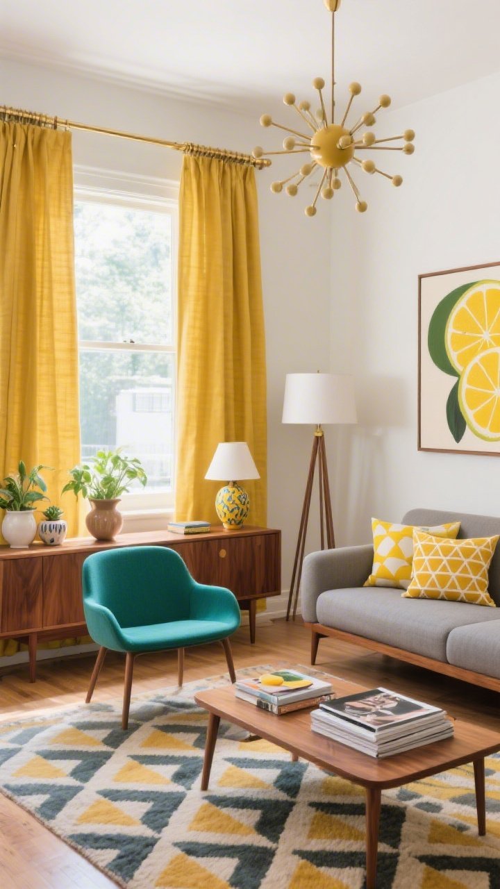 Wide mid-century living room scene with joyful citrus pop: sunny ochre cotton-linen curtains hung high and wide to amplify window size, on a walnut or antique brass rod. Walnut credenza, tapered-leg sofa in warm gray, geometric patterned rug underfoot. A pop-color accent chair in teal or moss adds playful contrast. Decor includes abstract art with citrus accents, ceramic table lamps, and retro planters; overhead Sputnik ceiling fixture. Graphic cushions with triangles and grid patterns on the sofa, design magazines stacked on the coffee table. Bright, cheerful daylight, photorealistic.