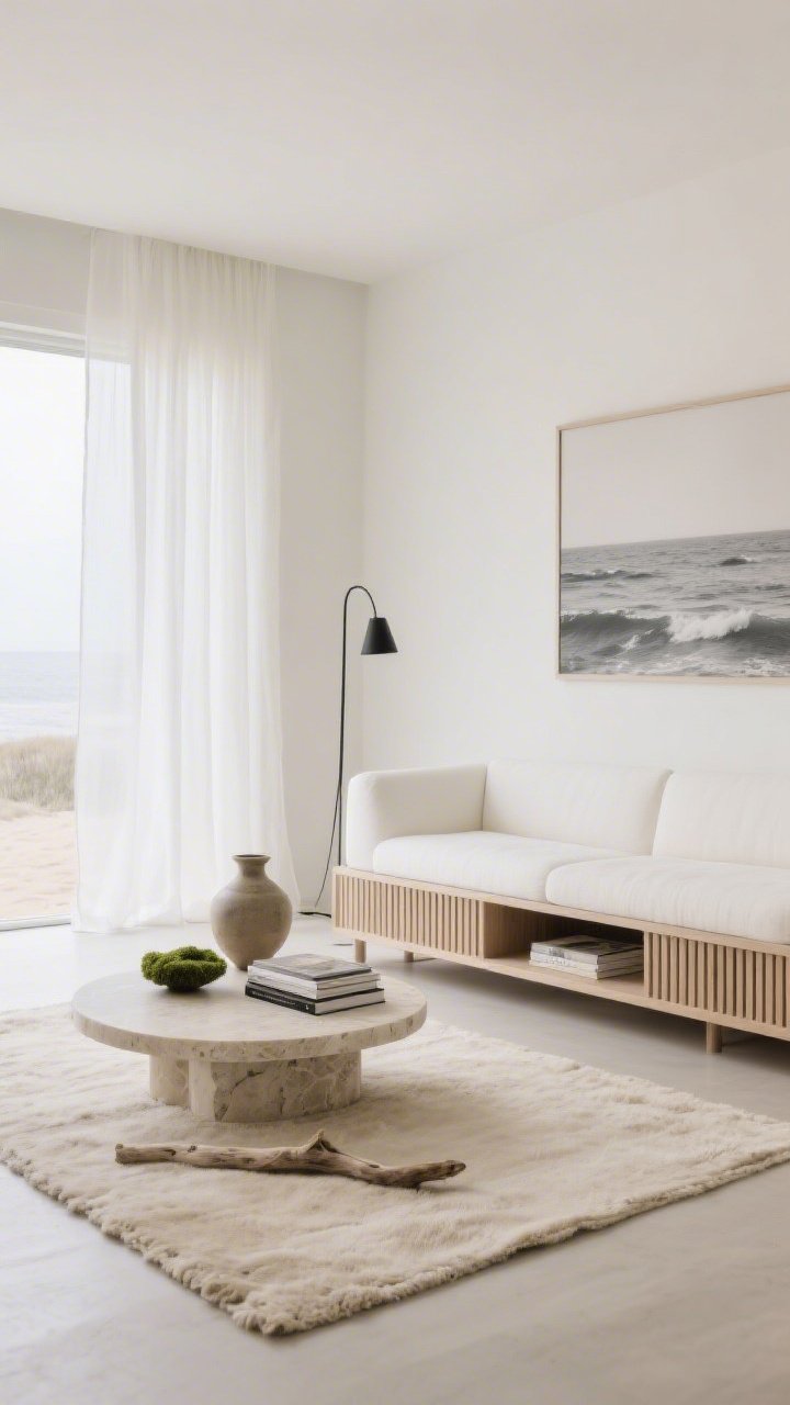 Wide, minimal composition with ample negative space for a modern coastal minimalist room: low-profile ivory sofa, white oak slat media console, rounded travertine coffee table; light oatmeal wool rug; sheer white drapery filtering light like sea fog; palette of bone, sand, driftwood with a whisper of slate; a single oversized ocean photograph on the wall; slim black metal floor lamp providing subtle contrast; decor pared back to one dramatic ceramic vessel, a small stack of design books, and a moss bowl; airy, quiet luxury feel.
