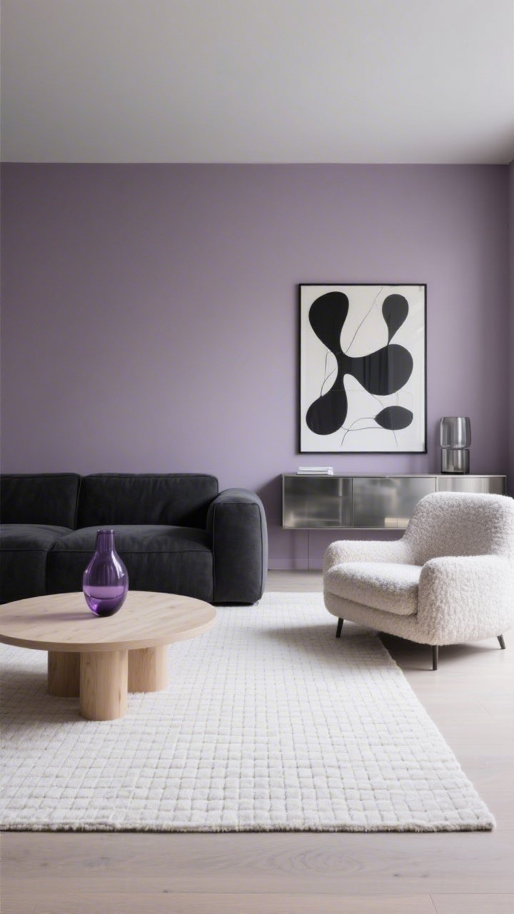 Wide, minimalist living room in smoky lavender walls with charcoal and soft black contrasts: a low-profile charcoal sofa anchoring the space, pale oak coffee table, boucle lounge chair for texture, sleek wall-mounted console hiding clutter; ivory wool rug with a micro-grid pattern underfoot; oversized black-and-white abstract art; accents of brushed nickel, smoked glass, and a single lavender glass vase; soft, even natural light for a muted modern mood, photorealistic.