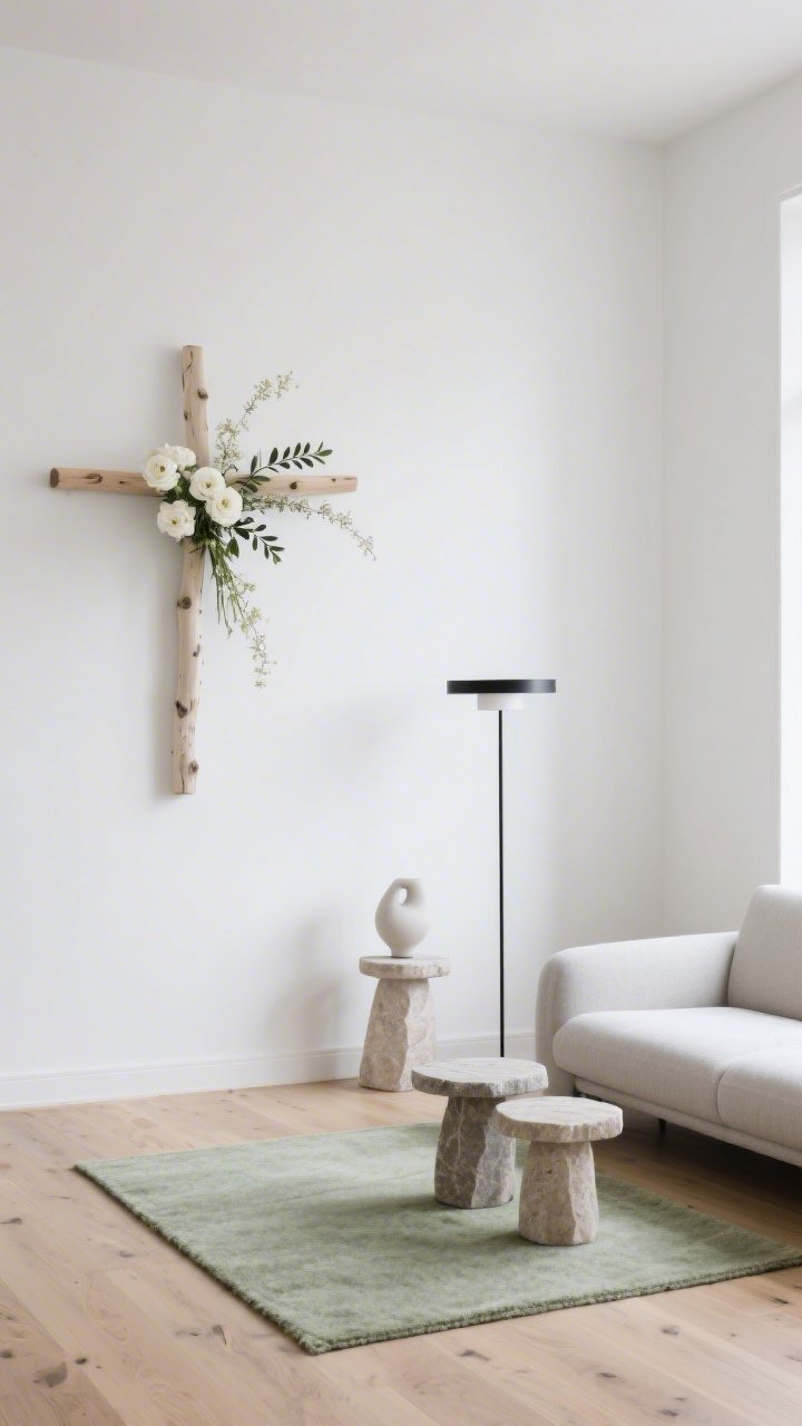 Wide minimalist Scandinavian sitting room, straight-on. White walls, pale oak floors, a low-profile sofa. A sleek bleached birch cross with a narrow band of white ranunculus, baby’s breath, and olive sprigs hangs alone on a wide wall, highlighted by a slim black picture light for gallery vibes. Materials: light wood, wool, stone, matte ceramics. Colors: white, sand, dove gray, soft green. Single wool rug, sculptural floor lamp, two stone pedestal side tables. Quiet luxury, abundant negative space, soft natural light.