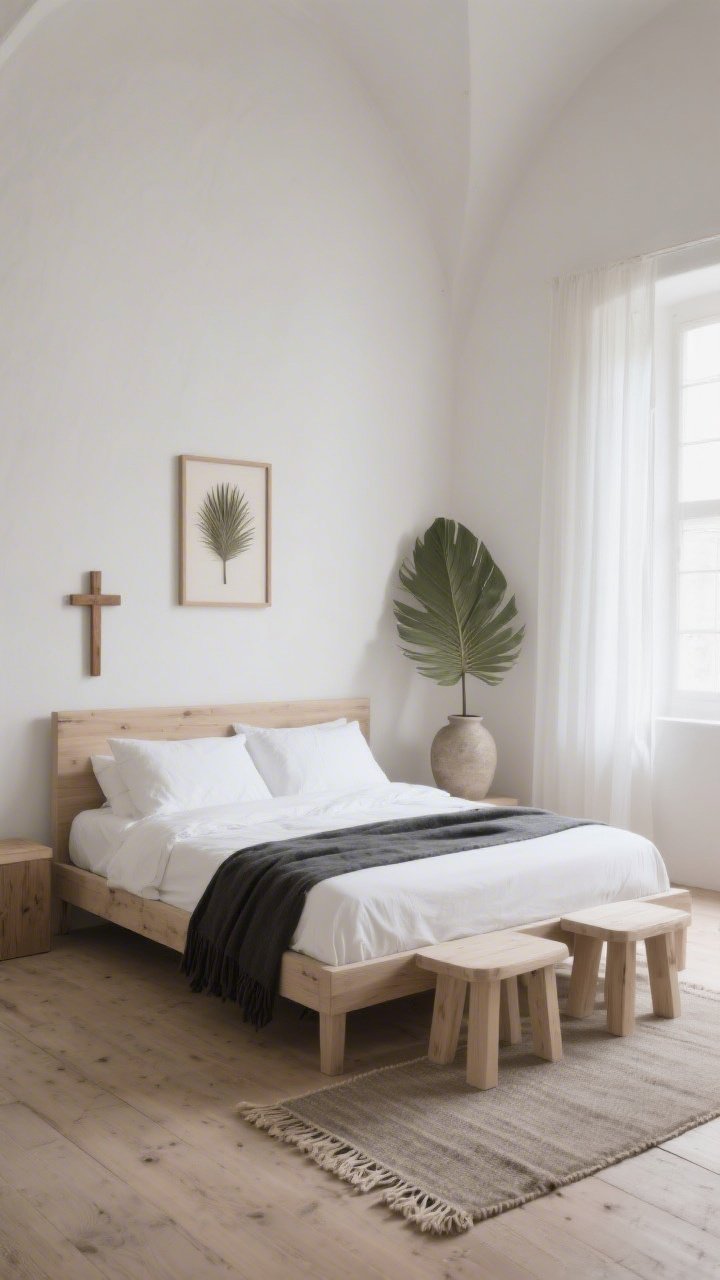 Wide, Monastic Minimalist Bedroom: serene, minimalist bedroom with a low natural wood bed frame dressed in crisp white linen bedding; a single charcoal throw folded at the foot; pale wood stools as nightstands; above the headboard, either a small hand-carved wooden cross or a single pressed palm frond in a thin ash frame; stoneware vase holding one monumental palm leaf; palette of white, ash, driftwood gray, sage; bare wood floor with a fringed flatweave runner; sheer curtains filtering daylight into a chapel-like glow; uncluttered, contemplative mood.