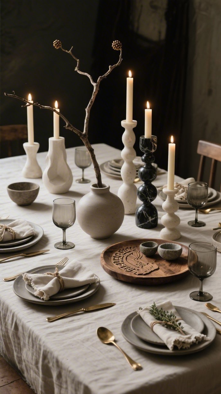 Wide, moody candlelit neutrals with sculptural drama: bone-colored linen tablecloth, greige stoneware plates with a satin finish, antique brass flatware, and smoked glass wine goblets. A dramatic landscape of sculptural candleholders—tall and stubby—in alabaster, black marble, and plaster, topped with beeswax tapers in tonal neutrals casting layered shadows. Centerpiece features asymmetrical ceramic forms and a single large branch in a matte vase. Hand-carved wooden charger used as the Seder plate with small stone bowls. Raw-edge napkins tied with linen twine and a sprig of thyme. Intimate, artful glow; no people; photorealistic.