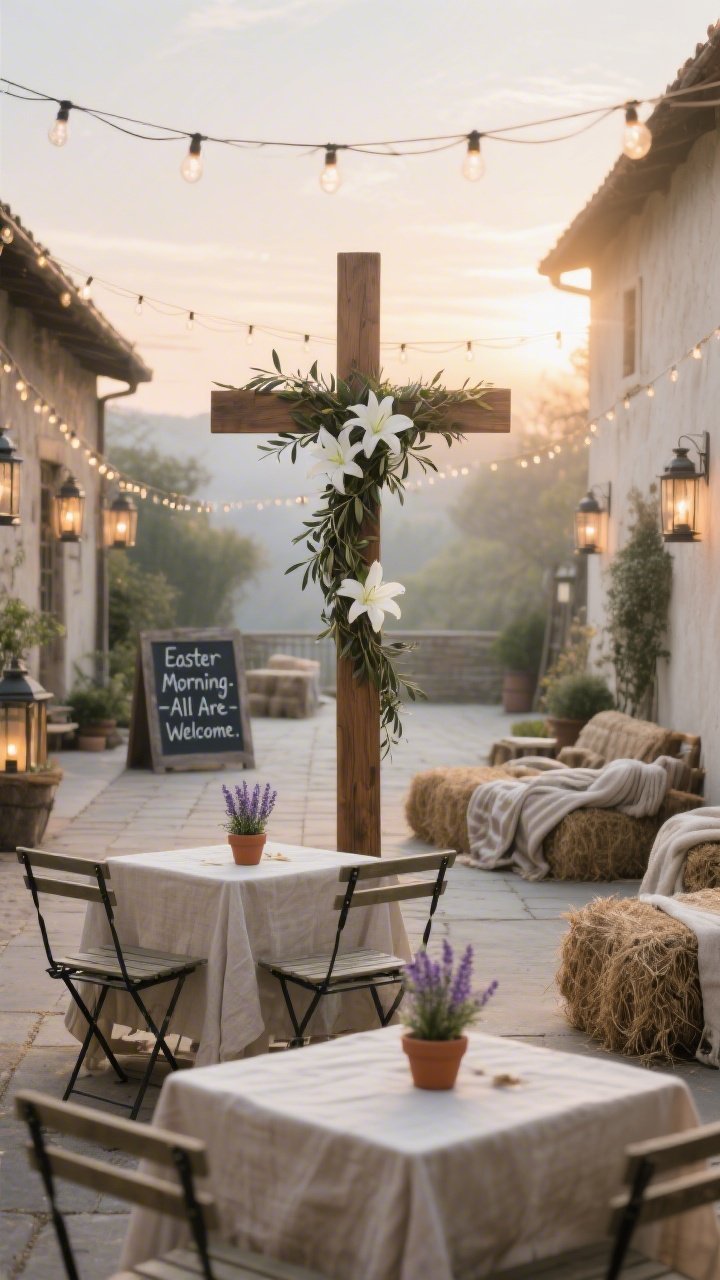 Wide outdoor courtyard scene at sunrise: A rustic-chic setup with natural textures. A wooden cross wrapped in olive branches and white lilies stands as the focal point. Linen-covered café tables for communion/hospitality hold small terra-cotta pots of lavender and rosemary. Simple folding chairs with linen sashes face the cross; a few hay bales with cozy throw blankets provide extra seating. Market string lights zigzag overhead, and hurricane lanterns line the pathways. A chalkboard sign reads “Easter Morning—All Are Welcome.” Soft early-morning glow, photorealistic, no people.