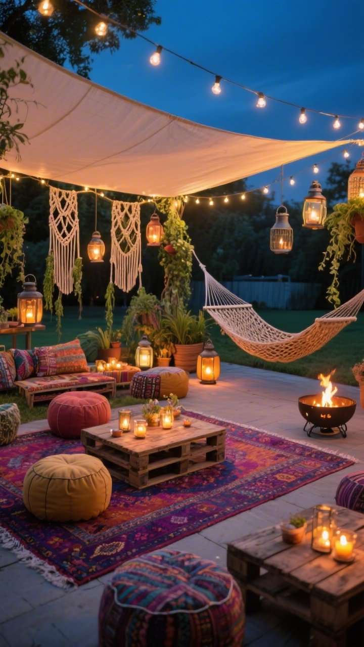 Wide outdoor evening shot: Festival-Ready patio layered with jewel-toned outdoor rugs, scattered floor poufs, low pallet tables topped with tea lights, strings of cafe lights overhead, macramé plant slings with trailing greenery, a soft canvas shade sail, mixed lanterns glowing, a woven hammock at the edge, and a portable fire bowl adding late-night warmth.