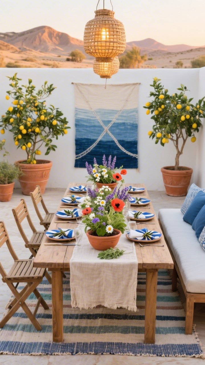 Wide outdoor patio shot: Desert-meets-Mediterranean al fresco Seder setting with terracotta planters, lemon trees, and a sun-faded striped outdoor rug; a long teak table draped in a natural flax linen tablecloth, ceramic chargers, and blue-and-white napkins tied with olive twigs; terra-cotta bowls down the center overflowing with spring flowers and herbs—lavender, mint, daisies, and poppies; woven lanterns hanging overhead with warm LED glow at sunset; seating mix of director’s chairs and a bench with indigo cushions; backdrop textile art panel in ombré blues suggesting “crossing the sea”; breezy, joyful mood.