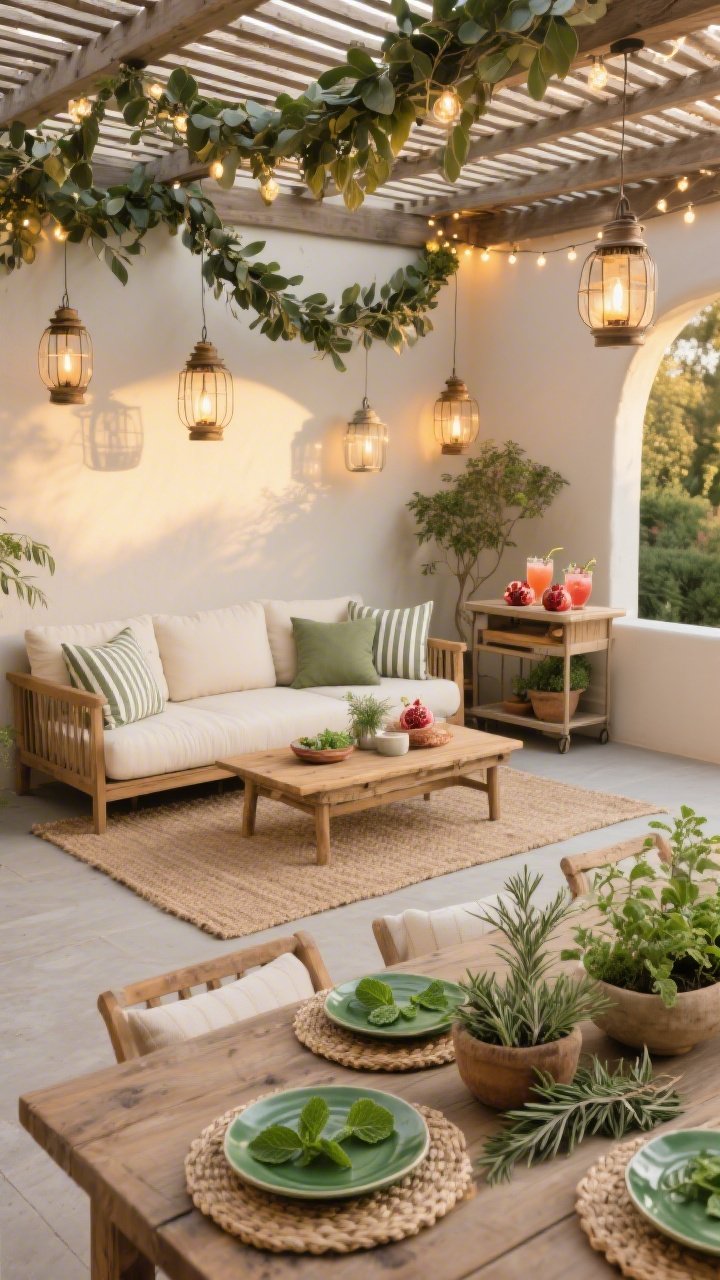 Wide outdoor patio: Sukkah-inspired setting with a slatted pergola draped in leafy garlands, dappled light across cream-cushioned teak lounge seating layered with striped pillows in sage and sand; a grounding jute rug; lanterns hanging at staggered heights for twilight ambiance; a rustic farm table with a eucalyptus runner, olive-green ceramic plates on woven chargers; herb planters of mint, rosemary, and parsley; string lights twinkling overhead; corner bar cart with pomegranate spritzers; golden-hour glow, photorealistic.