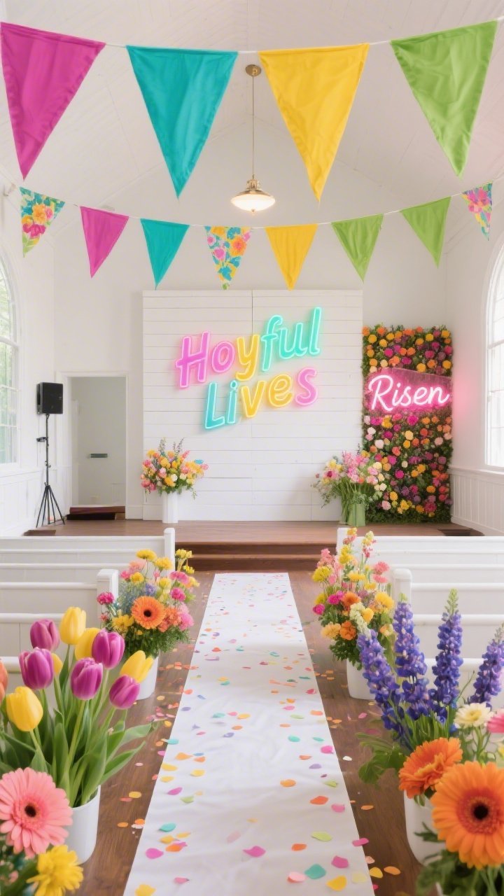 Wide overhead-leaning angle: A vibrant “Joyful Colorburst” church interior with crisp white balancing Easter brights—fuchsia, turquoise, sunny yellow, and grass green. Fabric pennant banners stretch across the nave, mixing bold solids and watercolor florals. Color-blocked floral groupings—tulips, gerbera daisies, and hyacinths—arranged by hue along the front. A white shiplap/foam board backdrop displays a multicolor “He Lives” acrylic sign. The aisle features a white runner sprinkled with biodegradable confetti petals in bright tones; a side photo spot shows a flower wall with a neon “Risen” script sign glowing. Even, cheerful lighting, photorealistic, no people.