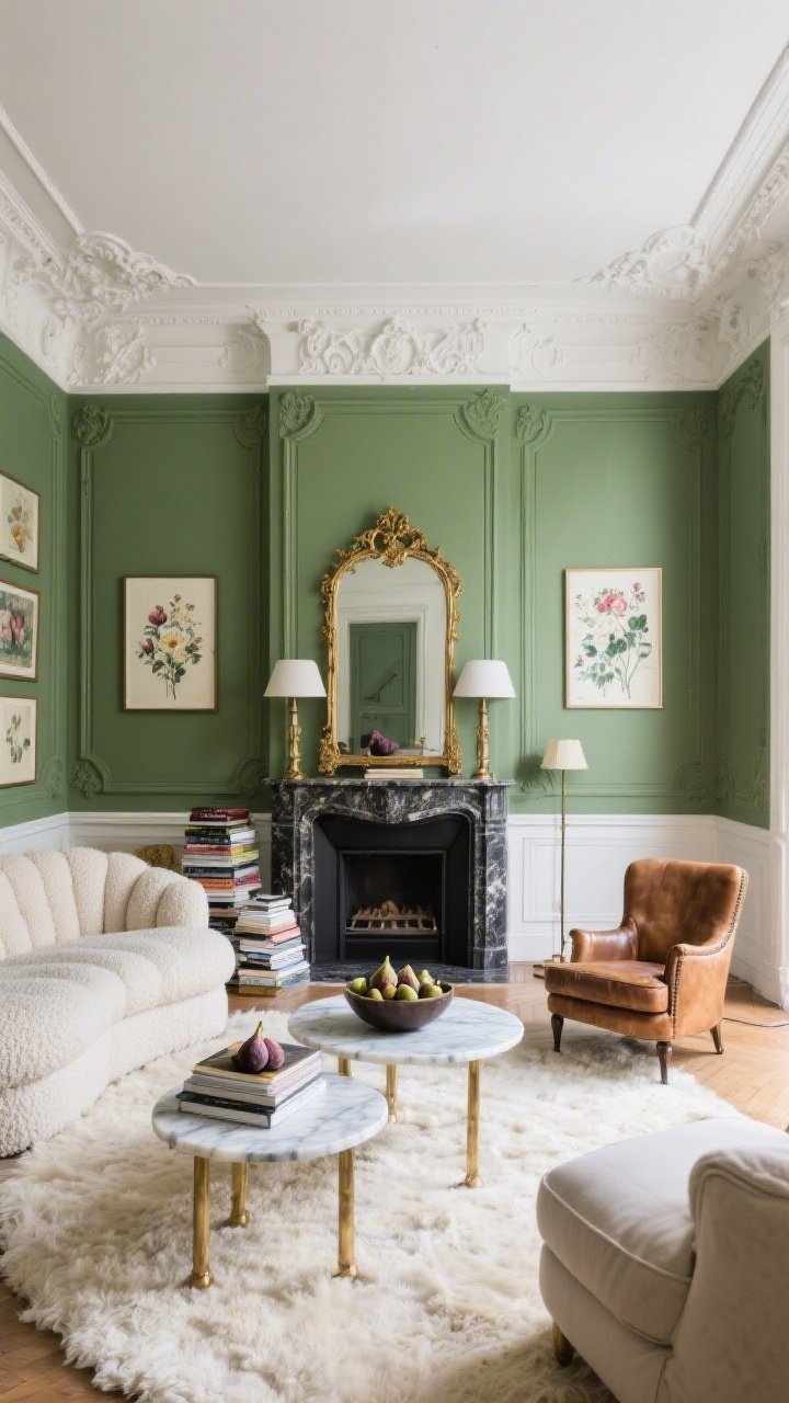 Wide Parisian salon living room, straight-on: two-tone walls with pine green below the chair rail and plaster white above; ornate moldings painted to match; curvy bouclé sofa on a cream wool rug; black limestone fireplace crowned with a gilt mirror; marble nesting tables, aged brass floor lamps; floral prints and a stack of art books with a bowl of figs for mood; mix of seating including linen and a single vintage leather club chair; photorealistic, soft daylight enhancing architectural contrast and height.