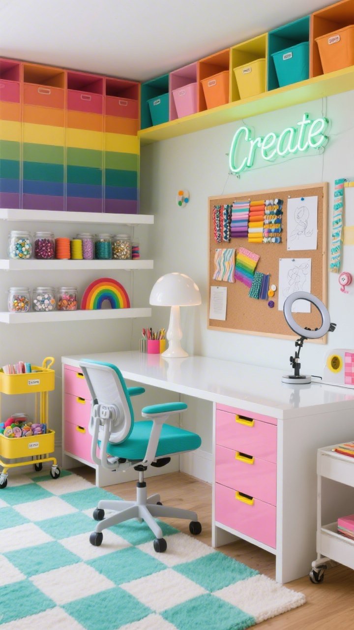Wide, playful color-pop organization oasis: glossy white desk with bubblegum-pink drawer fronts and sunshine-yellow pulls; behind the desk, a full wall of color-coded cubbies filled with rainbow bins creating a gradient; a large cork-and-dry-erase combo board with pinned fabric swatches and sketched ideas; mint-and-cream checkerboard rug underfoot; floating shelves with neatly labeled jars of buttons, sequins, and thread; teal adjustable task chair with cushy seat pad; white mushroom lamp aglow and a clamp-on ring light at the desk edge; extras include a rolling rainbow cart, a neon “Create” sign, and a tidy washi tape dispenser rail; joyful, high-energy mood; straight-on perspective, bright studio lighting, photorealistic.