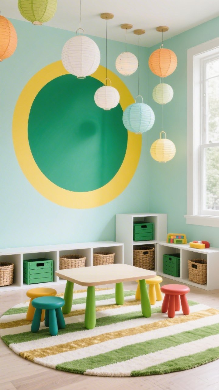 Wide, playful corner angle of a Playroom: soft mint walls with a giant color-blocked circle mural in deeper green and sunny yellow. White cubbies with woven baskets, interspersed with a few green-painted crates. A low table with green-tipped legs, surrounded by a cluster of colorful stools. Washable rug with wide stripes in green, ivory, and gold. Overhead, paper lantern pendants at different heights forming a whimsical skyline. Daylight fills the room, bright and graphic. Photorealistic.