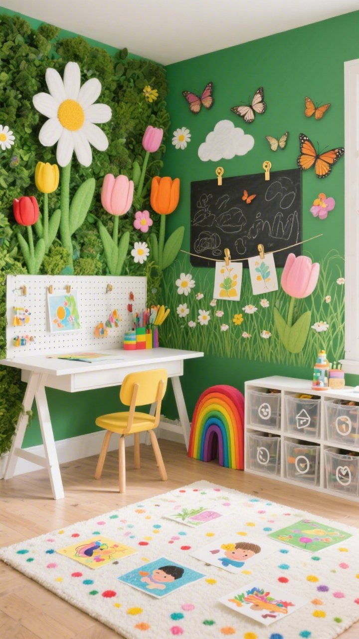 Wide, playful craft corner from a slightly elevated angle: A bold greenery wall evoking a cheerful meadow, dotted with oversized faux spring flowers—large daisies and tulips in primary brights and sherbet tones. A flurry of butterflies trails from the white trestle desk up the wall. Add peel-and-stick chalkboard clouds for doodles. Furniture: white trestle desk with pegboard storage, stackable rainbow chairs. Storage: clear bins labeled with simple icons. Flooring: a washable confetti rug. Clip kids’ artwork to the greenery with tiny gold clips. Bright, even lighting for a joyful mood. Photorealistic.