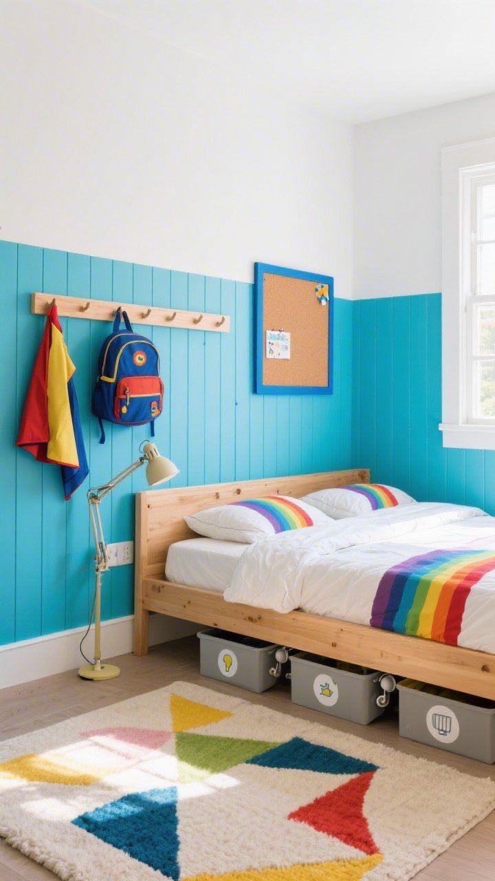 Wide, playful kids’ room shot: painted vertical slat wall behind the bed in a half-and-half design—lower two-thirds slatted in cheerful cornflower blue, upper third smooth bright white; maple twin bed with a rainbow stripe duvet; peg rail spanning the slatted section holding dress-up capes and backpacks; a cork pinboard framed in matching blue on the wall; flatweave rug with geometric shapes in primary colors; adjustable clamp lamp attached to a slat for reading; rolling storage bins under the bed labeled with simple icons; bright, joyful daylight, photorealistic, no people.