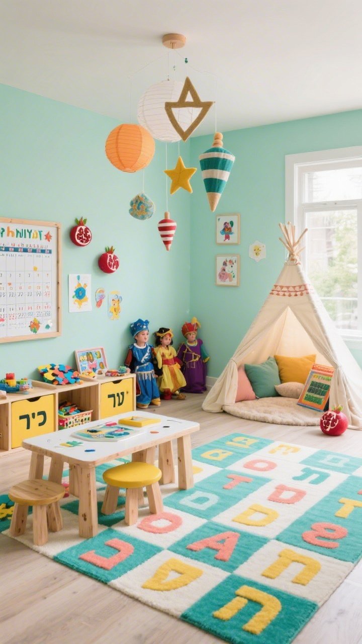 Wide playroom shot: Bright kids’ space with fresh mint walls, a rug bursting with a grid of aleph-bet letters in teal, coral, and sunshine yellow; birch cubbies labeled in Hebrew and English stashing puzzles and Purim costumes; a low birch craft table with wipeable stools; a magnetic board featuring holiday calendars and kid art; a soft reading nook with a canopy and plush floor pillows; a paper lantern mobile twirling felt dreidels, stars, and pomegranates; cheerful daylight, photorealistic, no people.