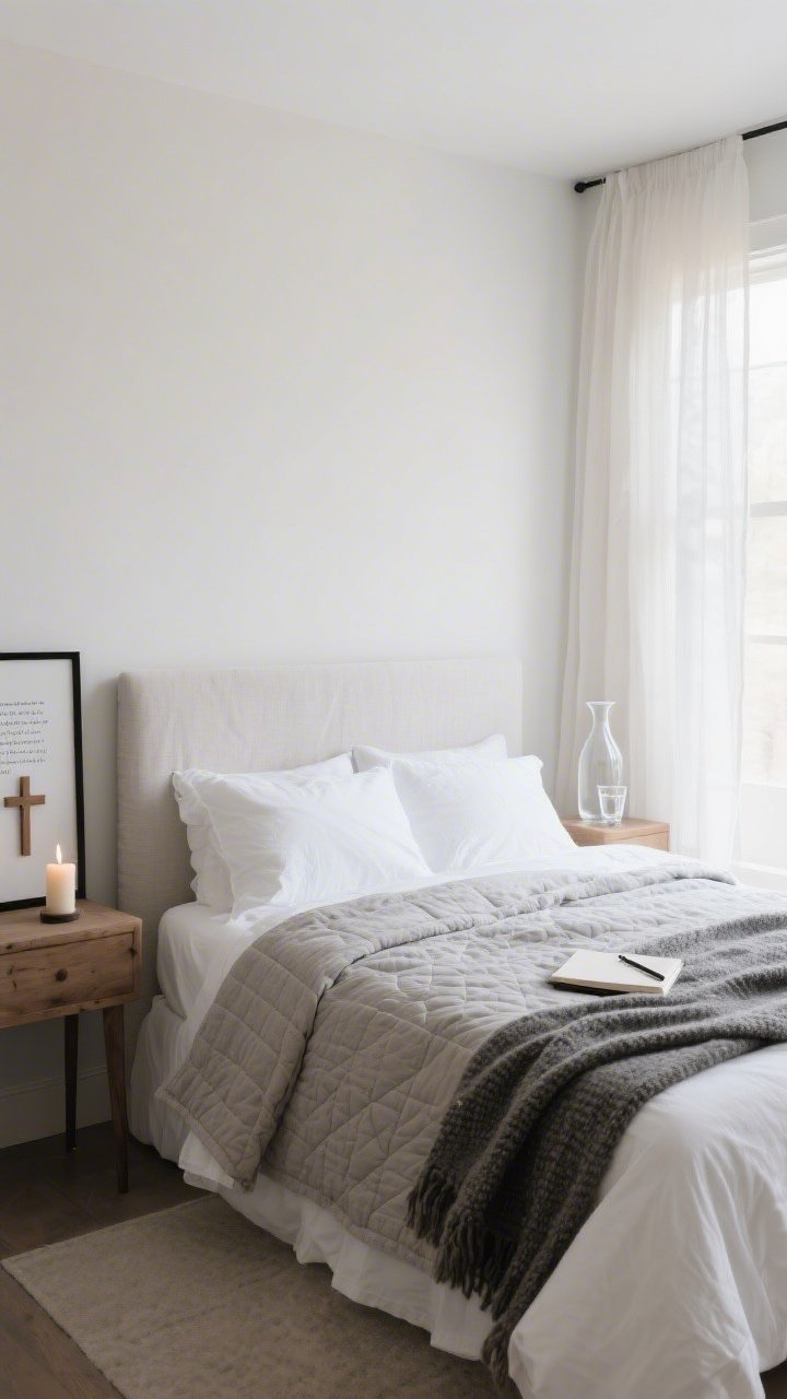 Wide, restful bedroom scene focused on layered bedding: a bed dressed in crisp white sheets, a stone-gray quilt, and a heathered blanket folded at the foot; simple headboard in upholstered linen or unvarnished wood; on one nightstand, a single taper candle and a small wooden cross or a scripture verse in a thin black frame; on the other, a glass carafe and tumbler with a closed notebook and pen; sheer linen curtains filter early morning light; palette of white, fog gray, pale taupe, and muted black; textures of percale, washed cotton, and nubby knits; serene, soft natural illumination, photorealistic, no people.