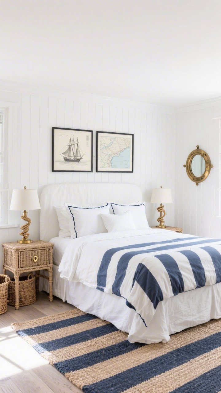 Wide room shot: A breezy classic coastal bedroom with snowy white walls and a white slipcovered bed dressed in crisp percale sheets and a navy-and-white striped duvet; cane-front nightstands with brass pulls flank the bed, topped with rope-wrapped lamps. Include vintage ship sketches and coastal maps in thin black frames above the bed, a brass porthole mirror on an adjacent wall, woven baskets under one nightstand, and navy-piped euro shams. Flooring features a flatweave navy stripe rug or sisal. Clean, tailored hotel-like mood, bright natural morning light, straight-on view, photorealistic.
