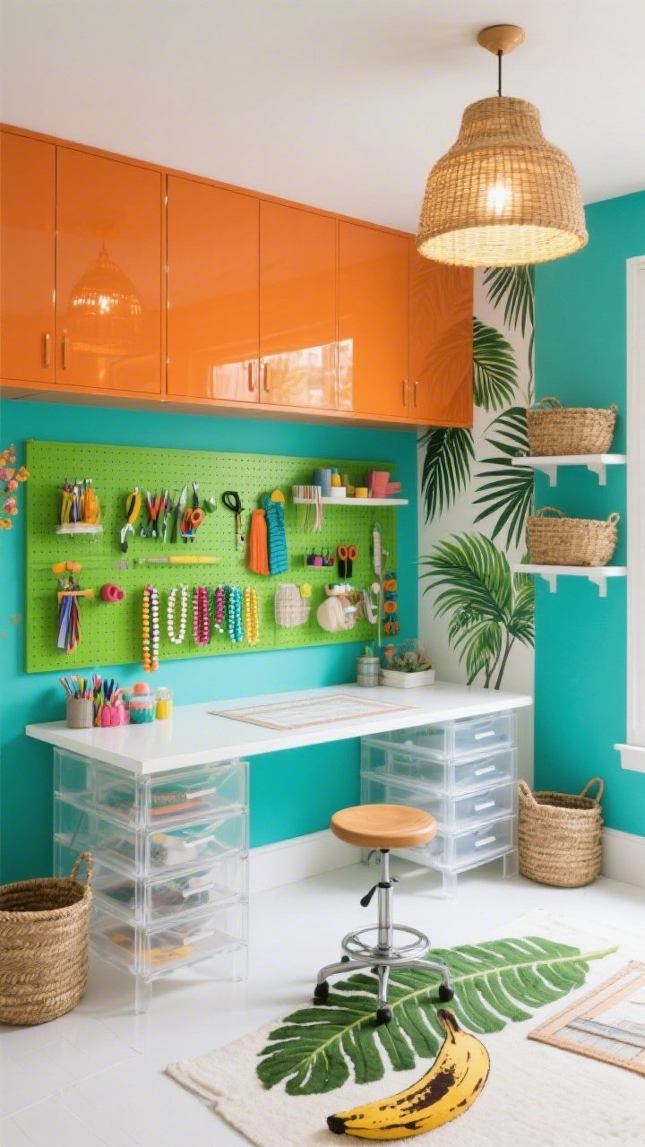 Wide room shot: A bright Tropical Pop Studio with tangerine glossy cabinets, a lime-green pegboard wall organized with colorful craft tools, and a bold turquoise accent wall; a white-topped drafting table with clear acrylic drawer units showing ribbons and beads beneath; rattan pendant light casting warm sunshine glow; leafy palm prints on the wall, woven baskets on shelves, and a banana-leaf rug under an adjustable drafting stool; crisp white accents and breezy, vacation energy, photorealistic, no people.