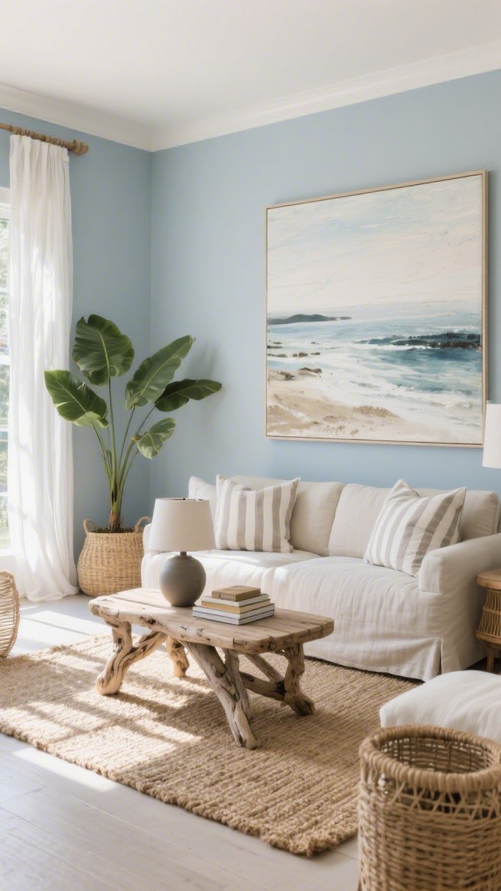 Wide room shot: A coastal linen living room with light blue-gray painted walls, natural linen sofa with soft striped pillows, woven jute rug, and a driftwood-style coffee table styled with a matte ceramic table lamp and a small stack of books; oversized coastal artwork on the wall, warm white and oat accents, bleached wood tones, rattan and seagrass textures, sheer white curtains filtering sunny natural light, and a large leafy plant anchoring the corner; photorealistic, calm, sun-kissed, airy atmosphere, straight-on view.
