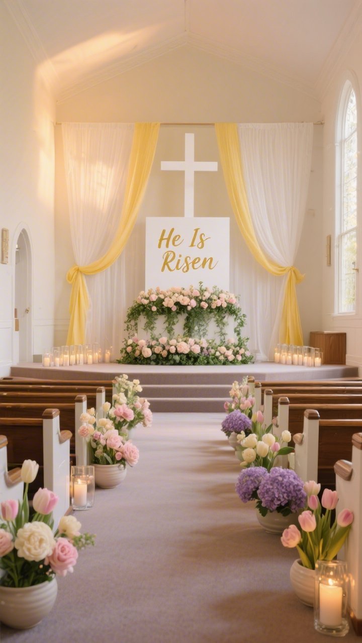 Wide room shot: A serene church sanctuary at dawn bathed in soft warm light (2700–3000K), with buttery yellows, petal pinks, and misty lilacs throughout. Low pastel florals—cream and blush ranunculus, tulips, and hydrangeas—line the aisle in matte ceramic bowls. At the altar, a simple white cross stands behind a tiered arrangement of cascading ivy and soft peonies. Sheer ivory drapes frame the stage, pale yellow ribbons on pew ends, clustered glass votives glow on the steps, and hand-lettered “He Is Risen” gold-ink signs on white foam board accent the space. Straight-on perspective, photorealistic, no people.