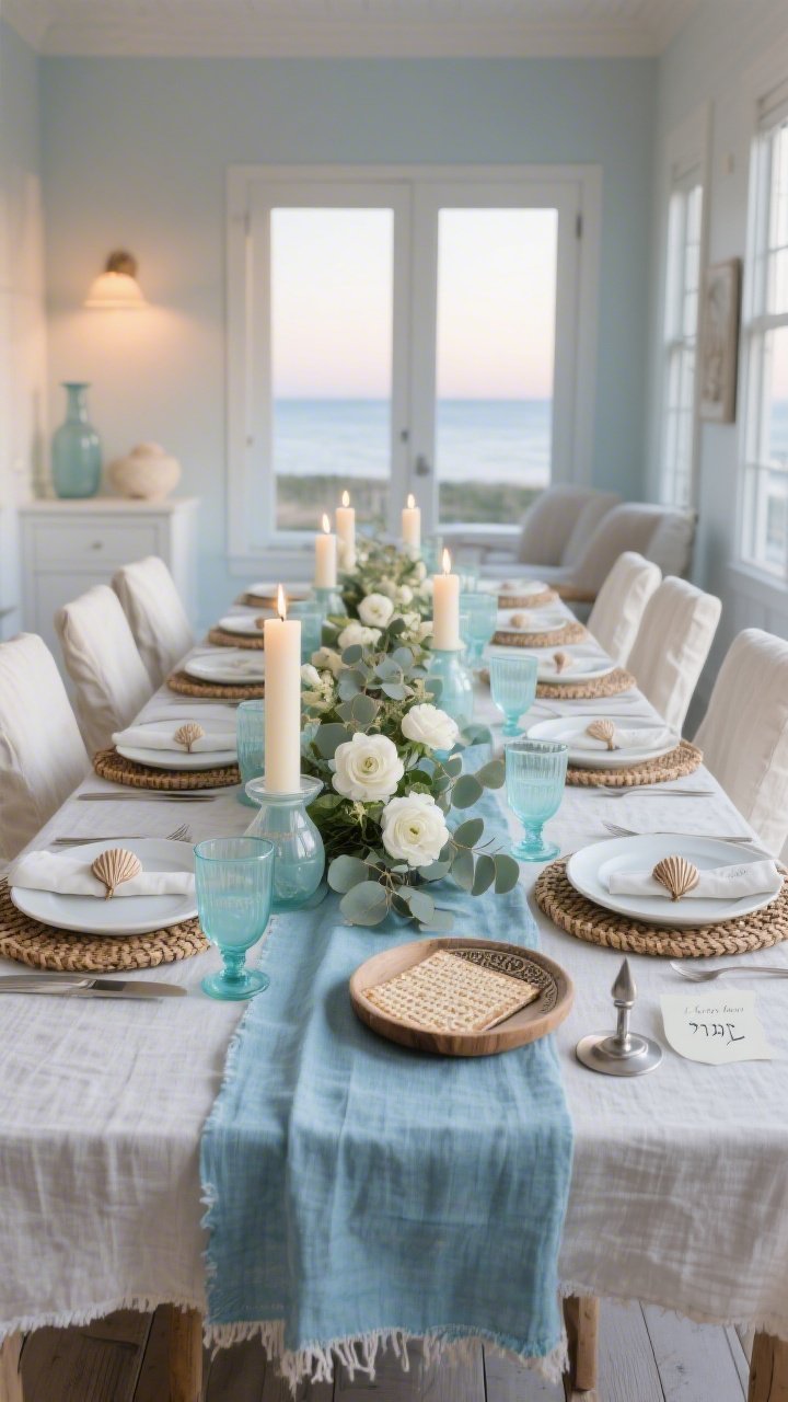 Wide room shot: A serene coastal-inspired dining room washed in soft blues and sun-bleached neutrals, straight-on view. A stonewashed linen tablecloth with frayed edges covers the table, layered with a sea-glass blue runner. Place settings feature matte white plates on woven rattan chargers, pale aqua glassware catching warm candlelight from pillar candles in hurricane vases. Chairs are slipcovered in ivory cotton. A low centerpiece of eucalyptus and white ranunculus runs the length of the table. Details include shell-inspired napkin rings and hand-lettered place cards. A bleached wood Seder plate and a brushed-nickel matzah stand complete the scene. Materials: linen, rattan, washed wood, frosted glass. Palette: ivory, sand, sea-glass blue, soft gray. Photorealistic, dusk lighting for gentle glow.