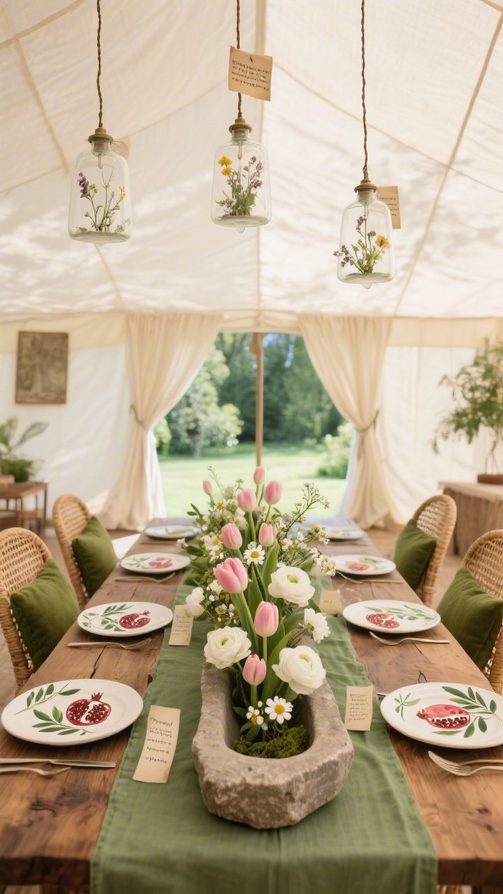 Wide room shot: A serene garden-tent dining room with an ecru linen canopy draped above a raw-edge walnut slab table; sage-green runners over the wood; hand-painted plates featuring pomegranate and olive branch motifs; a long, low spring floral Passover centerpiece in a shallow stone trough filled with white ranunculus, blush tulips, chamomile, and myrtle; cane-backed chairs with moss-colored cushions; three small glass pendant lights overhead, each filled with faux wildflowers; tiny scroll place cards with a single Exodus verse at each setting; airy, natural daylight filtering in, elegant yet unfussy atmosphere.