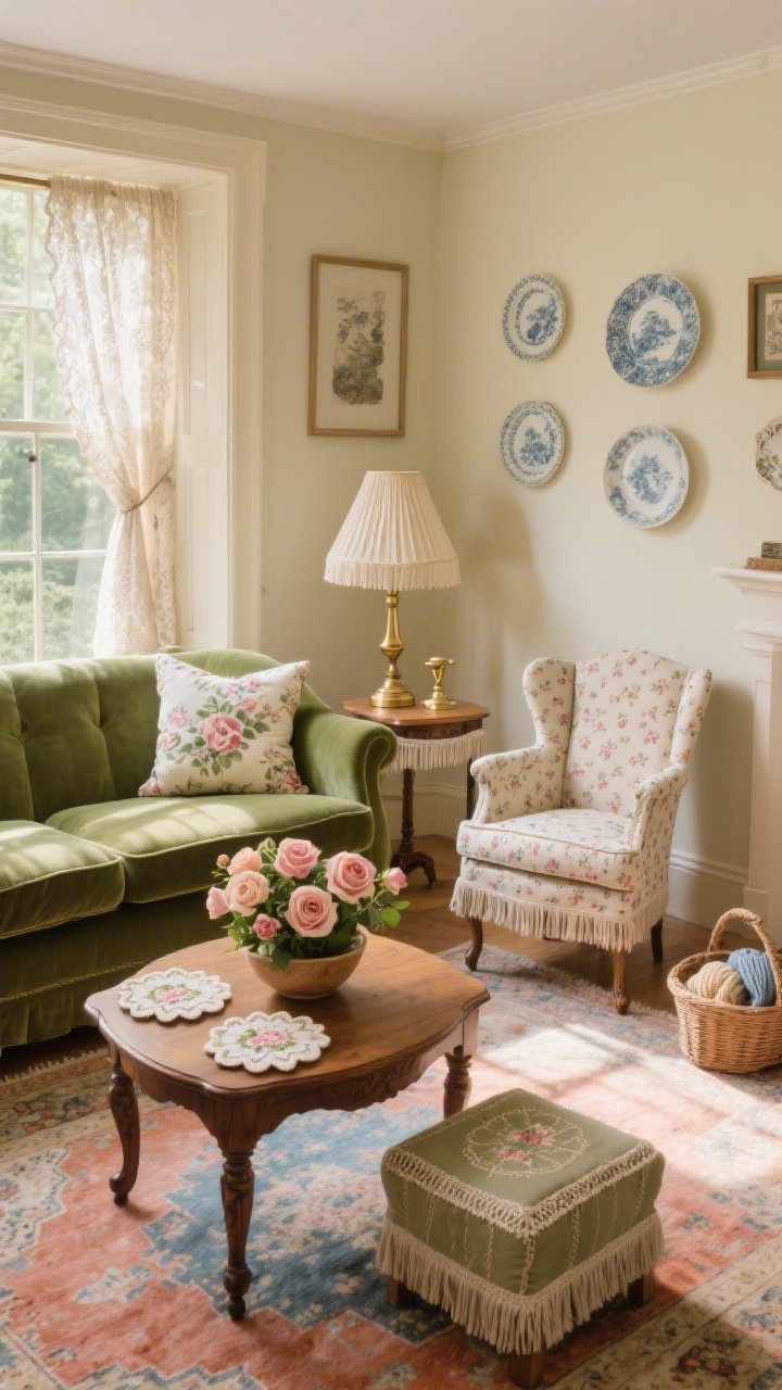 Wide room shot: A sunlit Cottage Bloom living room with buttermilk walls and open windows dressed in lace café curtains, a sage-green velvet sofa layered with chintz floral pillows, a petite needlepoint footstool centered on a faded Persian rug in rosy blues and terracotta. Two mismatched wingback chairs in tiny ditsy prints (one with a skirted base) flank a carved oak coffee table topped with a bowl of fresh garden roses and embroidered coasters. Petite scalloped-edge side tables hold brass table lamps with pleated shades; a fringed floor lamp warms a corner. A gallery cluster of porcelain plates decorates the wall; a basket of knitting sits nearby. Soft afternoon natural light, cozy vintage mood, photorealistic.