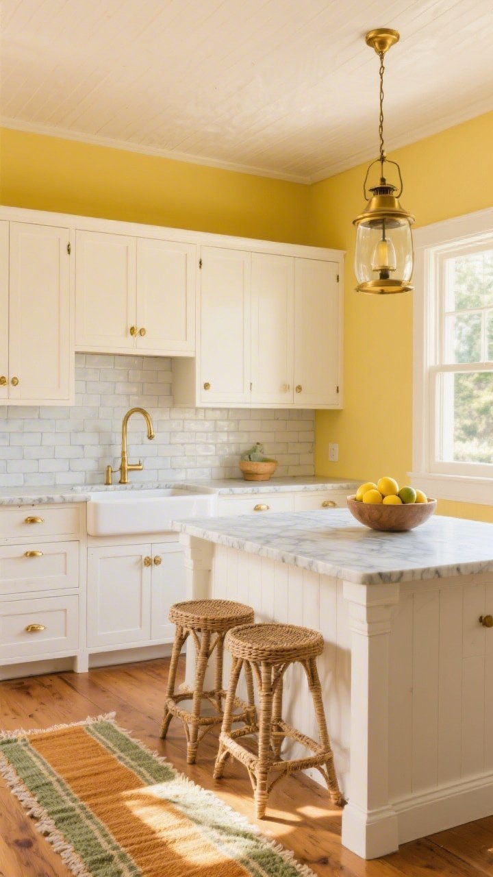 Wide room shot: A sunlit cottage kitchen with butter yellow walls glowing against crisp white shaker cabinets and warm oak floors, polished brass hardware on cabinets, a farmhouse sink, pale gray-veined marble or quartz countertops, woven counter stools at a white island, a brass lantern pendant over the island, a bowl of lemons, white subway tile backsplash with soft gray grout, and a vintage runner with ochre and sage threads; fresh, grounded farmhouse-classic mood, golden morning light, photorealistic.