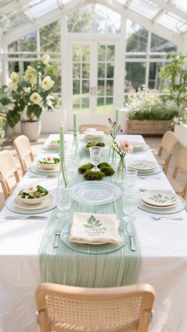 Wide room shot: A sunlit dining space styled as a modern garden conservatory, straight-on view. A crisp white linen tablecloth with a sheer sage runner down the center, ribbed glass chargers layered with cream stoneware dinner plates and delicate pressed-leaf motif salad plates. A sculptural glass Seder plate centered, flanked by low bowls of moss, hellebores, and ranunculus. Clear bud vases with single stems of sweet peas and lily of the valley keep sightlines open. Palette of white, sage, soft mint, and clear glass. Light wood chairs with woven cane seats. Etched water glasses, pale green taper candles, silver flatware, a minimal silver Elijah’s cup, and a clear lucite Afikoman bag with a subtle leaf print. Bright, natural greenhouse lighting, photorealistic.