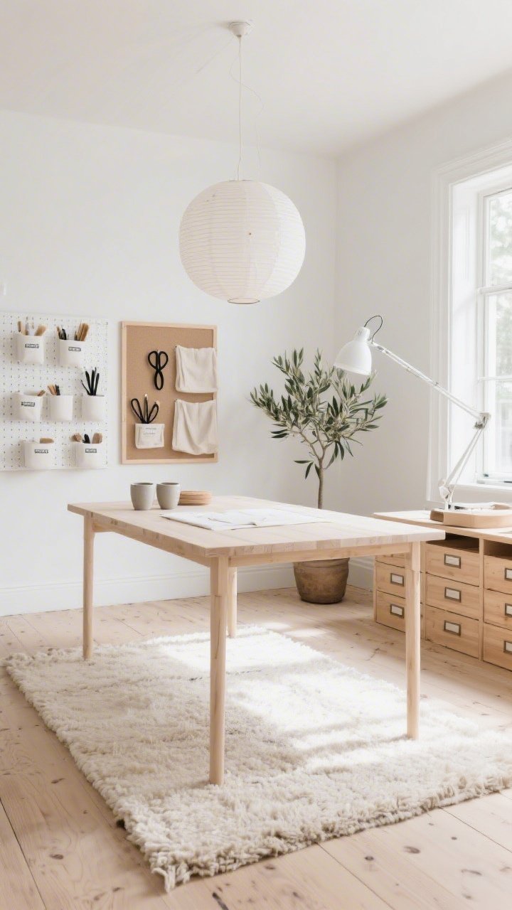 Wide room shot: A sunlit Scandinavian craft studio with whitewashed walls and pale oak floors, a streamlined light-wood worktable with slender legs centered on a chunky wool rug, soft whites and warm beiges throughout with oatmeal linen accents, birch flat-file drawers, matte-white pegboards with uniform linen bins and discrete labels, ceramic cups holding brushes, black metal scissors displayed, a single potted olive tree, a linen pinboard framed in light wood, illuminated by a simple paper lantern overhead and an adjustable white task lamp; clean, uncluttered, airy minimalism, photorealistic.