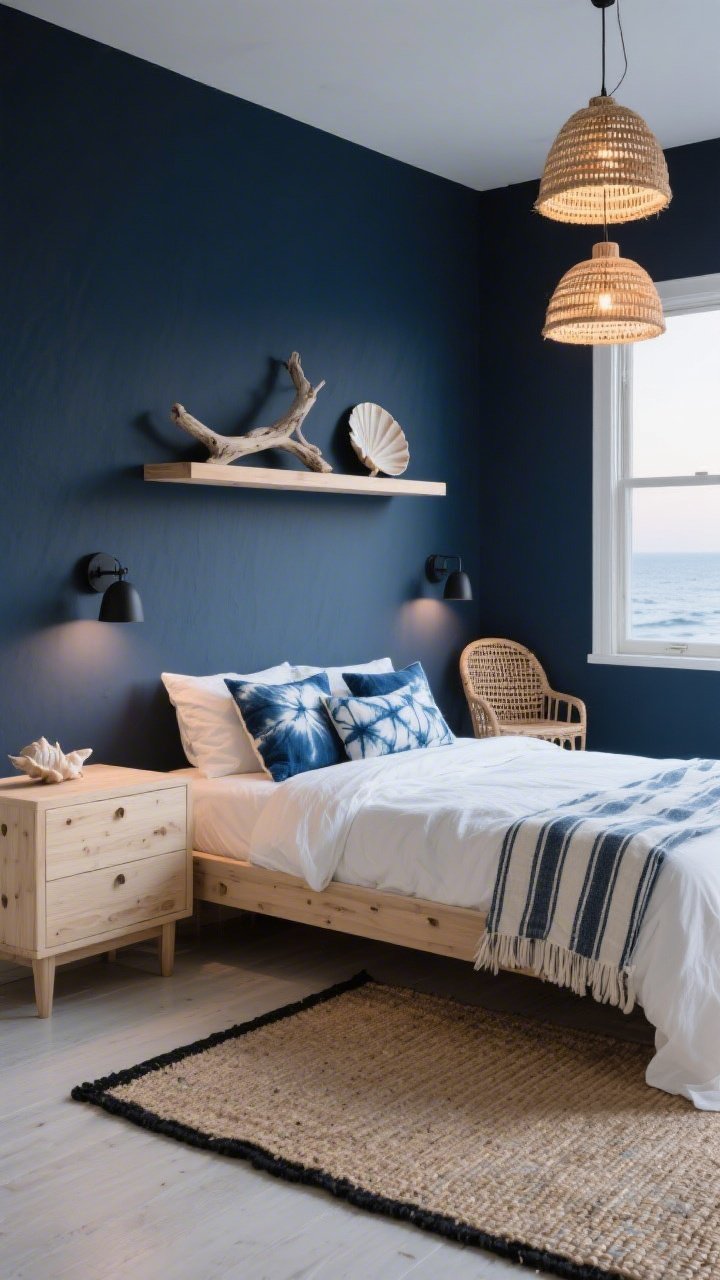 Wide room shot, airy corner perspective: Coastal midnight boho with driftwood calm—midnight navy walls contrast a bleached-wood bed and pale oak dresser. Bedding is crisp white linen layered with indigo shibori pillows and a striped cotton throw. A jute rug with a subtle black border anchors the floor; woven pendant lights provide a soft beachy glow. Floating shelves in pale wood display a driftwood sculpture and a seashell dish; matte-black sconces flank the bed. A woven accent chair sits near the window. Palette: midnight navy, pale oak, indigo, chalk white. Evening coastal calm with gentle warm lighting.
