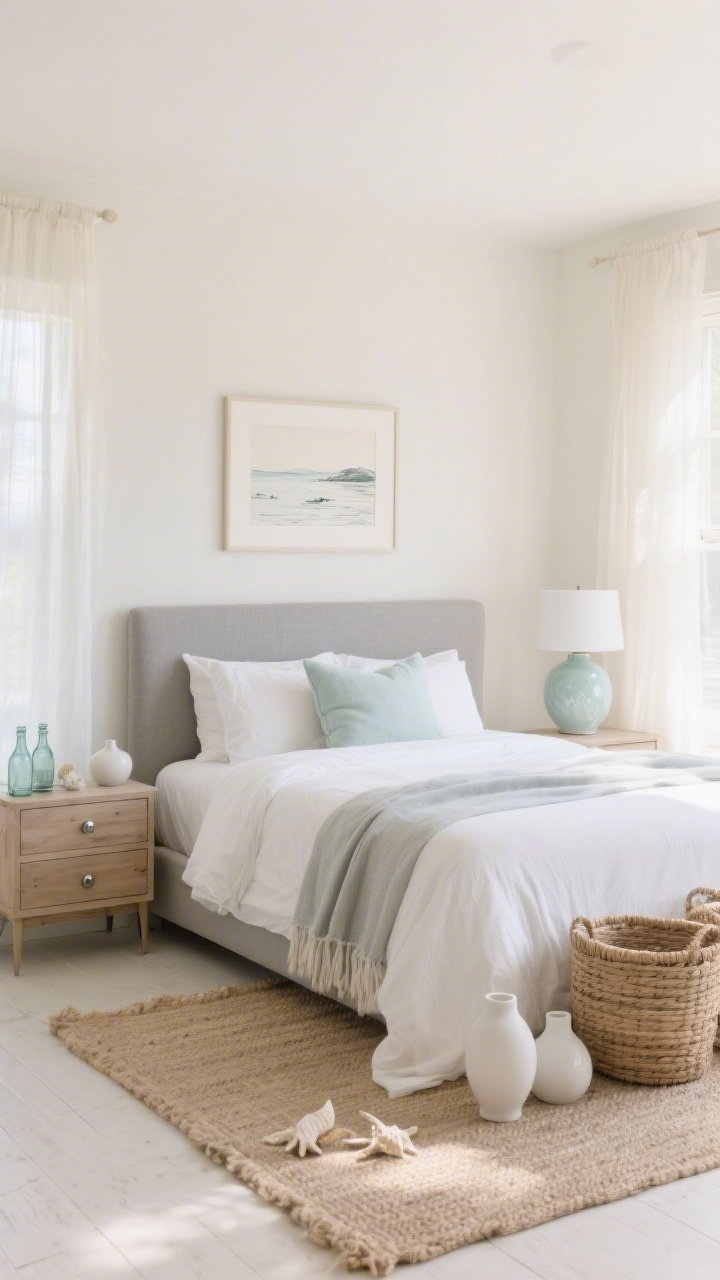 Wide room shot: An airy coastal-inspired bedroom flooded with soft morning light through sheer curtains that diffuse light like fog; warm white walls with a hint of cream, a misty gray upholstered headboard on a low-profile bed made with crisp white percale sheets and a pale gray linen duvet; seafoam accents including a throw and lumbar pillow, plus a glazed ceramic seafoam lamp; natural textures throughout—a bleached jute rug, whitewashed oak nightstands with brushed nickel hardware, woven baskets at the foot of the bed; matte white ceramics, a few sea-glass bottles, and a framed coastal sketch on the wall; finishes in brushed nickel and driftwood tones; no clutter, clean styling, photorealistic.